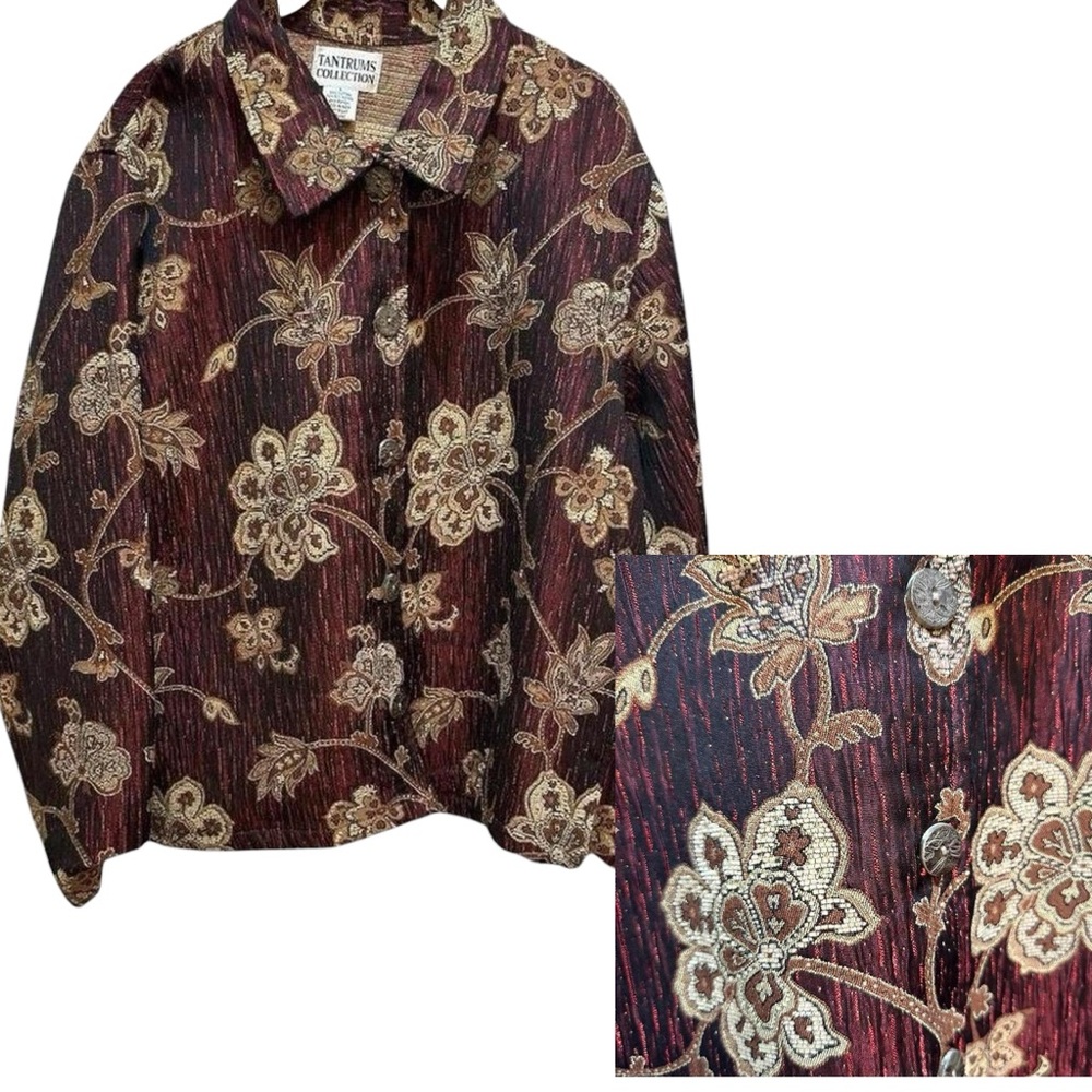 Floral Tapestry Jacquard Jacket Brown Red Metallic L Art Nouveau Vinework Floral